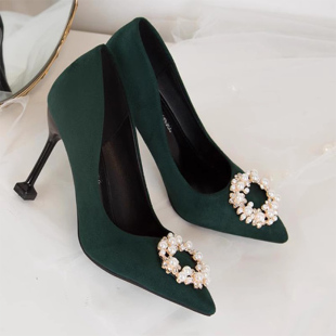 绿色婚鞋女高跟尖头浅口单鞋细跟中跟新娘鞋珍珠水砖搭扣春秋