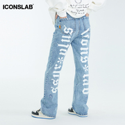 iconslab联名ssurplus哥特字体，十字星牛仔裤男直筒，宽松夏季长裤
