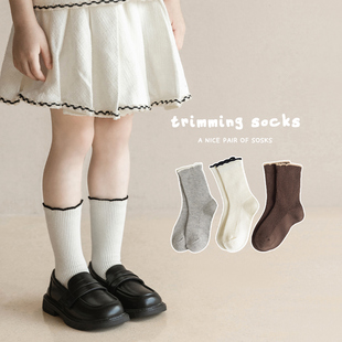 女童袜子纯棉春秋薄款中筒袜韩版儿童花边袜，秋季洋气女宝宝小腿袜