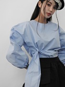 韩国女装2024早春优雅气质，系带收腰长袖，甜美圆领泡泡袖衬衫
