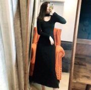 2023年春季韩版女装长款连衣裙，高领镂空修身大摆裙性感长裙