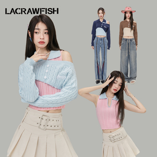 王小草(王小草)同款lacrawfish学院辣妹镂空时髦短毛衣针织衫两件套装女