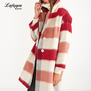 LAFOPPA 复古风大格纹毛呢外套女冬季女装宽松粗花呢红色格子大衣