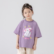 哈依鲁女童夏季紫色纯棉短袖T恤儿童中大童学生宽松时尚卡通上衣