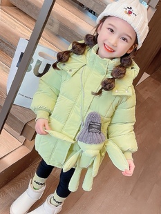 女童冬季羽绒服中长款果绿色，粉色大衣棉衣棉袄加绒加厚外套韩版暖