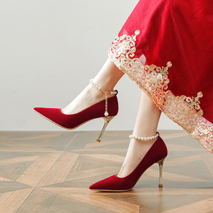 红色婚鞋女一字带珍珠链新娘鞋秀禾服中式高跟鞋不累脚孕妇33
