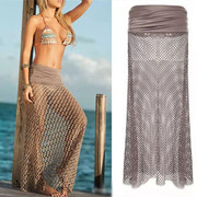 24外贸欧美纯色性感海边沙滩度假镂空长裙休闲透视半身裙