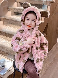 粉色豹纹女童毛毛衣冬季加绒加厚可爱耳朵外套保暖时尚洋童装中长