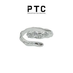 PTC 纯银戒指开口小众设计不规则蛇形镶嵌锆石ins轻奢冷淡风女