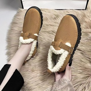 冬季毛毛鞋子女学生豆豆鞋搭扣款加绒加厚一脚蹬保暖鞋女棉鞋