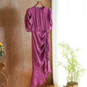 紫色雪纺连衣裙女2024春季设计感泡泡袖鱼尾，裙法式不规则裙子
