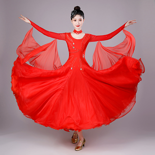 红色2023款国标摩登舞裙表演出比赛服交谊舞华尔兹舞连衣裙舞