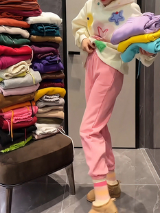 粉色运动裤女秋冬欧货小个子，休闲哈伦裤糖果，色加绒加厚束脚卫裤子