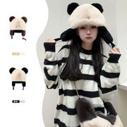 冬季一帽两用熊猫帽子女加厚保暖毛绒雷锋帽，可爱毛茸茸滑雪护耳帽