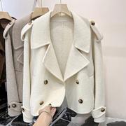 韩国双面绒保暖短外套女2023年冬季显瘦纯色大翻领双排扣上衣