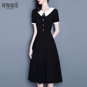黑白撞色连衣裙2024夏娃娃(夏娃娃，)领气质，修身a字裙中长款短袖小黑裙
