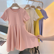 韩版时尚女童装2024夏季儿童坑条短袖连衣裙高级感洋气长裙子