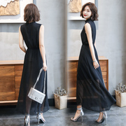 黑色雪纺连衣裙女2024韩版无袖高领夏天显瘦气质，超仙大摆长裙