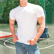 夏季修身弹力纯棉短袖T恤肌肉男健身紧身衣圆领纯色半袖训练运动