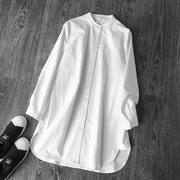欧美春秋立领显瘦中长款纯棉，白衬衣(白衬衣)女装长袖宽松休闲衬衫上衣大码