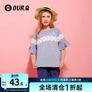 ourq青少年童装女童上衣儿童夏装，短袖学生淑女，薄款洋气条纹衬衫