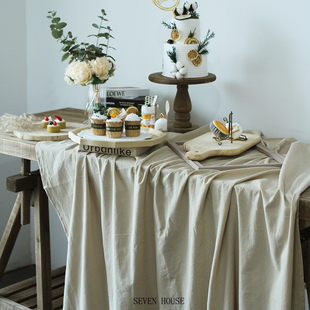 亚麻色枫糖色白色婚礼生日宴会，甜品台签到台布幔桌布小红薯背景布