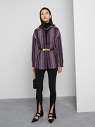 绒绒家紫色条纹大码女装，2023慵懒宽松保暖夹棉羊毛衬衫式外套