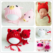 新生儿拍照小猪毛线针织造型帽子猪年婴儿满月宝宝百天摄影服玩偶