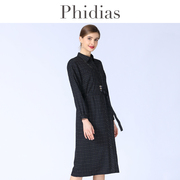 phidias连衣裙女2023春季大码女装简约翻领，修身显瘦格子裙子