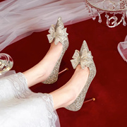 高级感主婚纱婚鞋2023秋季女新娘鞋水晶，婚礼高跟鞋金色亮片鞋