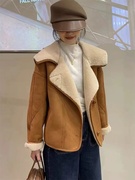 韩版麂皮绒短款翻领皮毛一体，羊羔毛外套(毛外套)女2023冬装加厚机车服上衣