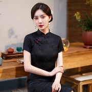 黑色旗袍2023年夏季复古老上海气质，优雅改良夏年轻(夏年轻)款少女短款