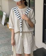 韩国2024夏季女士麻棉休闲短袖上衣短裤休闲俩件套装米色