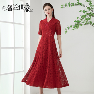名兰世家原创设计红色蕾丝v领礼服长裙夏妈妈(夏妈妈)婚宴高端连衣裙