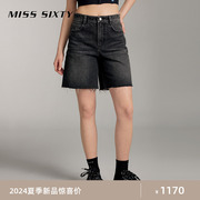 Miss Sixty2024夏季牛仔短裤女黑灰高腰显瘦直筒裤磨破高街风