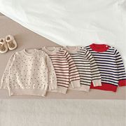 韩版婴幼儿针织衫男女宝宝圆领洋气，条纹波点，打底衫新生儿棉质上衣