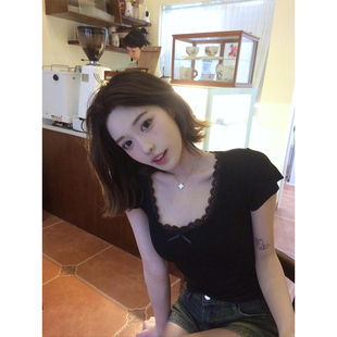 纯欲蕾丝花边蝴蝶结正肩短袖t恤女夏季甜辣妹u领紧身显瘦收腰上衣