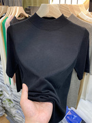 冰丝针织短袖t恤女夏季薄款五分半袖黑色体恤，半高领中袖打底上衣