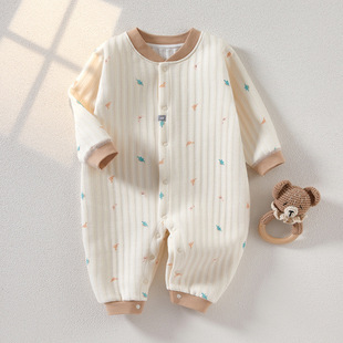 婴儿连体衣三层夹棉保暖秋冬装纯棉，哈衣爬服新生儿童衣服宝宝睡衣