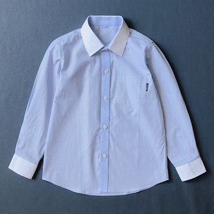 男童蓝色条纹长袖衬衫春秋，款男孩白领上衣纯棉，中大童学生校服衬衣