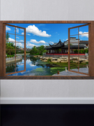中式古典风假窗户古镇风景墙贴画茶楼包间壁纸背景墙装饰无缝壁画