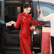 提花三复合红色新娘，敬酒服改良时尚宴会婚礼，长款修身年会旗袍