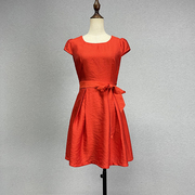 红色短袖连衣裙女2023夏季高腰显瘦甜美露腰纯色，a字裙小个子中裙