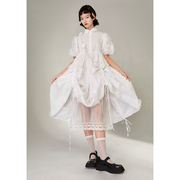 diddi原创设计娃娃领抽皱下摆蕾丝拼接衬衫，连衣裙白色裙子中长款
