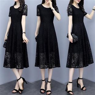 黑色蕾丝裙子2024夏装，女质感高级感中长款收腰显瘦短袖连衣裙