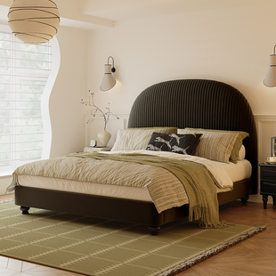 法式美式复古实木，中古风黑色绒布，1.5米主卧双人床1.8米大床布艺床