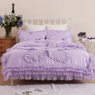 淑女屋床品粉紫色少女心七件套蕾丝花边纯棉全棉夏季紫色带床裙款