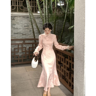 三个裁缝步步生莲新中式改良国风，加绒粉色旗袍连衣裙女装秋冬款