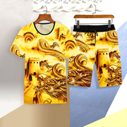 冰丝凉感3D印花短袖短裤套装中国风两件套青年男夏季休闲T恤