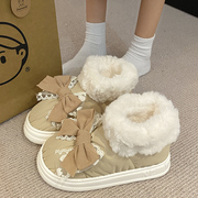 蝴蝶结棉拖鞋女士冬季室内外穿高帮，包跟厚底防水加绒保暖月子棉鞋
